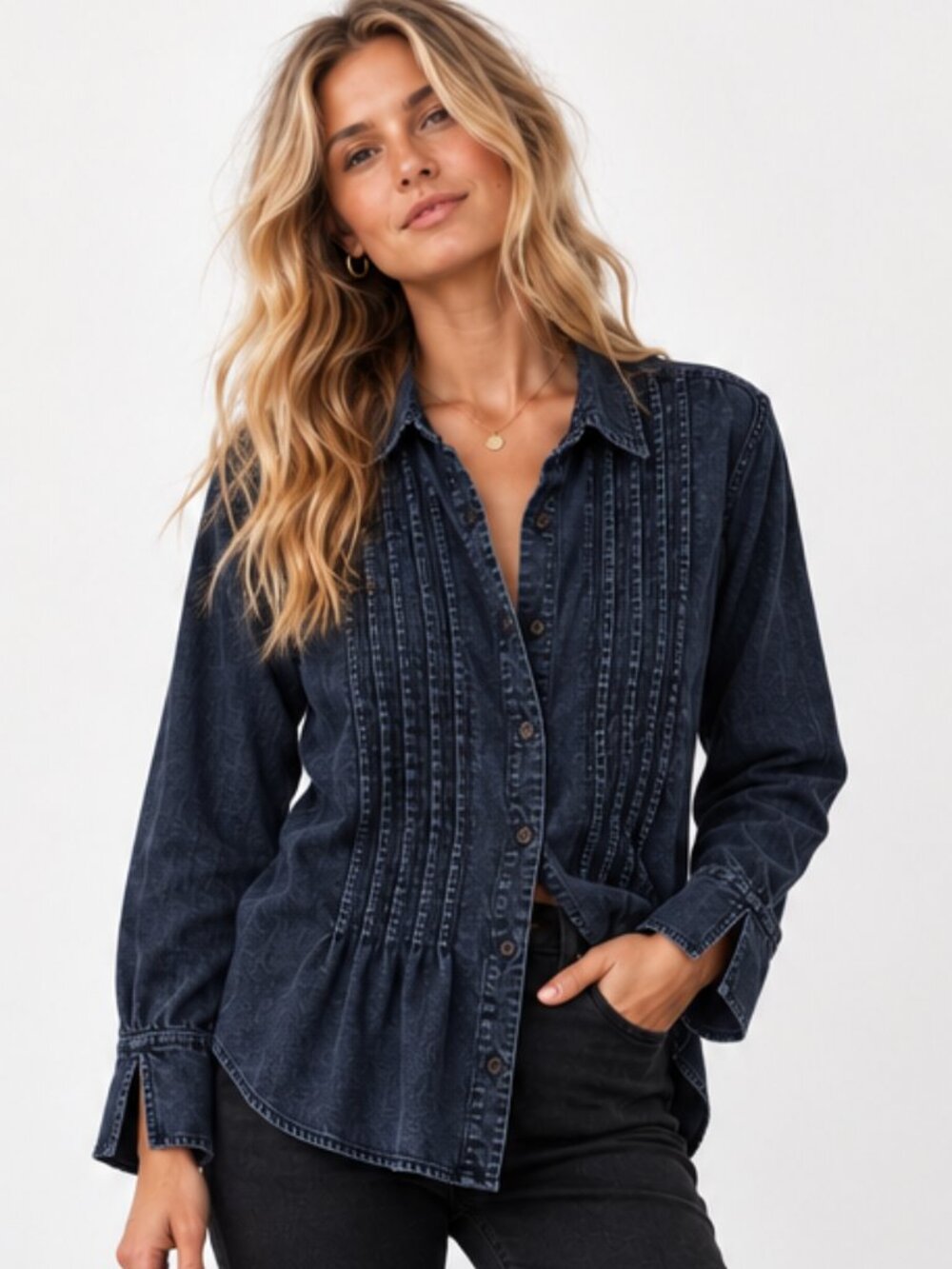 ANTHROPOLOGIE Pilcro Dark Wash Denim Tuxedo Pintuck Pleated Button Down Shirt M